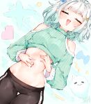  1girl :d absurdres black_pants blush breasts closed_eyes clothing_cutout commentary crop_top densetsu.exe english_commentary ghost gradient_hair green_hair groin hair_ornament hands_on_own_stomach heart highres long_sleeves lowleg lowleg_pants ma_draws medium_hair midriff mint_fantome multicolored_hair navel open_mouth pants pointy_ears shoulder_cutout signature simple_background small_breasts smile solo stomach thigh_gap tight_clothes tight_pants turtleneck virtual_youtuber white_hair wisps_(mint_fantome) x_hair_ornament 