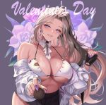  1girl bare_shoulders bikini black_gloves black_skirt breasts cleavage collar detached_collar earrings english_commentary eyelashes fingerless_gloves gloves grey_hair highres holding jewelry large_breasts lips long_hair mad_kimo original pleated_skirt purple_eyes purple_nails single_glove skirt smile solo swimsuit valentine white_bikini white_collar 