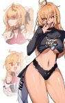  1girl ahoge bare_shoulders belle_(zenless_zone_zero) belle_(zenless_zone_zero)_(cosplay) black_panties blonde_hair borrowed_clothes breasts cissia_(zenless_zone_zero) cosplay fangs hair_between_eyes hand_to_own_mouth highres laughing long_hair ojou-sama_pose open_mouth panties scene_reference slit_pupils smile smug snake snake_girl snake_tail tail thighs underwear wokiiarts zenless_zone_zero 