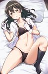  black_bra black_hair black_panties blush bra brown_eyes collarbone dress_shirt feet gloves kantai_collection kneehighs long_hair looking_at_viewer lying navel no_shoes open_clothes oyashio_(kantai_collection) panties pillow shirt socks solo stomach sweatdrop takaharu underwear 