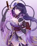  1girl artist_name back_bow blunt_bangs bow braid breasts bridal_gauntlets cleavage commentary drawing_sword electricity electro_symbol_(genshin_impact) english_commentary genshin_impact ginja_(ginja_uwu) glowing glowing_sword glowing_weapon gradient_background hair_ornament highres holding holding_sword holding_weapon human_scabbard japanese_clothes katana kimono large_breasts long_braid long_hair looking_at_viewer mitsudomoe_(shape) mole mole_under_eye multicolored_hair musou_isshin_(genshin_impact) neck_ribbon off_shoulder parted_lips purple_background purple_eyes purple_hair purple_kimono purple_nails purple_thighhighs raiden_shogun red_ribbon red_sash ribbon sash shade single_braid solo streaked_hair sword sword_between_breasts thighhighs tomoe_(symbol) weapon 