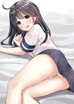  absurdres ahoge arm_support ass bed_sheet black_hair blush brown_eyes go-1 highres kantai_collection long_hair looking_at_viewer lying on_bed on_side open_mouth panties pantyshot pantyshot_(lying) pleated_skirt school_uniform serafuku short_sleeves skirt solo underwear ushio_(kantai_collection) white_panties 