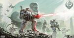  2204design 4others absurdres aiming aircraft armor assault_visor billboard blue_sky blue_visor brotherhood_of_steel brotherhood_of_steel_paladin cloud cloudy_sky commentary_request copyright_name day energy_gun fallout fallout_3 firing full_armor gatling_gun highres insignia laser_rifle latin_commentary liberty_prime mecha multiple_others outdoors post-apocalypse power_armor power_armor_(fallout) radio_tower reloading robot rubble science_fiction sky standing stepping_on_object twitter_username washington_monument weapon 