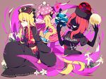 american_flag_dress black_dress black_shirt blonde_hair chinese_clothes clothes_writing clownpiece dress earth_(ornament) faceless faceless_female fairy_wings flower gla grin hat hecatia_lapislazuli highres jester_cap junko_(touhou) lily_(flower) long_hair long_sleeves looking_at_viewer moon_(ornament) multiple_girls polka_dot polos_crown profile red_eyes red_hair shirt short_dress simple_background sitting smile star striped t-shirt tabard touhou wide_sleeves wings 
