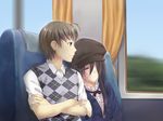  1girl blonde_hair burn_scar cabbie_hat closed_eyes couple crossed_arms game_cg ground_vehicle hat holding_arm ikezawa_hanako katawa_shoujo long_hair nakai_hisao open_mouth purple_hair scar sleeping sweater_vest train_interior yellow_eyes 