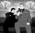  2boys ahoge beard cellphone chandelier commentary_request couch dojima_daigo facial_hair flip_phone greyscale hair_slicked_back looking_at_phone male_focus mine_yoshitaka monochrome multiple_boys necktie phone pinstripe_pattern pinstripe_suit ryuu_ga_gotoku_(series) ryuu_ga_gotoku_3 sitting suit tyag53 