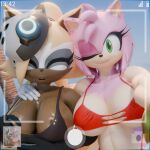 1:1 amy_rose anthro arm_around_shoulders badelynge3d barely_visible_nipples battery_life beach big_breasts bikini black_bikini black_clothing black_swimwear bra breasts brown_body brown_nipples canid canine clothing day duo eulipotyphlan eyes_closed female female/female fur gloves green_eyes hair handwear hedgehog hi_res idw_publishing looking_at_viewer mammal mask muscular nipples one_eye_closed palm_tree phone_camera pink_body pink_fur plant ponytail red_bikini red_bra red_clothing red_swimwear red_underwear sea sega selfie sonic_the_hedgehog_(comics) sonic_the_hedgehog_(idw) sonic_the_hedgehog_(series) surprised swimwear taking_picture taking_selfie tan_body time tree two-piece_swimsuit underwear water whisper_the_wolf white_clothing white_gloves white_handwear wink yellow_body yellow_fur