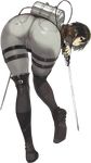  1girl ass black_eyes black_hair boots denim dual_wielding huge_ass jacket jeans knee_boots leaning_forward legs looking_back mikasa_ackerman namaniku_atk pants pantylines serious shingeki_no_kyojin short_hair solo sword thighs weapon 