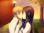  1girl aerlai black_hair blonde_hair brown_hair closed_eyes couple from_side game_cg hetero holding_hands ikezawa_hanako katawa_shoujo kiss long_hair nakai_hisao necktie outdoors profile purple_hair school_uniform shirt short_hair sidelocks tree visible_ears wall 