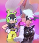 2025 5_fingers afrosoricid anthro armwear bat big_breasts big_butt black_body blue_eyes breasts butt clothed clothing duo ear_piercing ear_ring elbow_gloves female fingers flo glistening glistening_clothing gloves green_body grin half-closed_eyes handwear hi_res idw_publishing mammal membrane_(anatomy) membranous_wings narrowed_eyes nipple_outline panty_lines piercing ring_piercing rouge_the_bat sega sharp_teeth small_breasts smile sonic_the_hedgehog_(comics) sonic_the_hedgehog_(idw) sonic_the_hedgehog_(series) standing surge_the_tenrec tail tan_body teeth tenrec thick_thighs white_body wide_hips wings