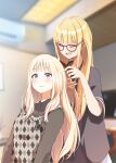  2girls absurdres black_shirt black_sweater blonde_hair blue_eyes blurry blurry_background blush brushing_another's_hair brushing_hair closed_eyes comb commentary eternalgreen fujita_kotone gakuen_idolmaster glasses grey_sweater_vest hair_down highres idolmaster indoors juo_sena long_hair multicolored_hair multiple_girls open_mouth roots_(hair) shirt short_sleeves sweater sweater_vest wavy_mouth 