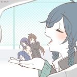  1girl 2boys ahoge alternate_costume alternate_universe antenna_hair arms_up backpack bag bento blunt_bangs book braid brown_eyes brown_hair closed_eyes collarbone collared_shirt commentary feeding food from_side full_body genshin_impact green_hair hair_between_eyes happy leaning_on_person leaning_to_the_side light_blush long_braid long_sleeves maroneeeeesan multicolored_hair multiple_boys open_mouth outdoors pants purple_hair raiden_shogun school_uniform shirt short_sleeves single_braid sitting skirt smile streaked_hair upper_body venti_(genshin_impact) zhongli_(genshin_impact) 