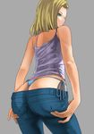  android_18 ass bare_arms bare_shoulders blonde_hair blue_panties blue_pants camisole closed_mouth cowboy_shot denim dragon_ball expressionless from_behind green_eyes grey_background hands_on_ass jeans kokuryuugan looking_back lowleg lowleg_pants panties pants short_hair side-tie_panties simple_background sleeveless solo standing thong underwear whale_tail 