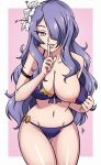  1girl areolae breasts breasts_outside camilla_(fire_emblem) fire_emblem hair_ornament large_breasts long_hair looking_at_viewer nail_polish navel nintendo nipples parted_lips purple_eyes purple_hair smile solo 