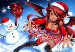  1girl absurdres artist_name black_boots black_choker black_horns black_nails boots breasts carrot choker cleavage cypress_(vtuber) detached_sleeves eckert&amp;eich english_commentary fang fishnet_thighhighs fishnets fur-trimmed_headwear fur_trim hat heart highres horns indie_virtual_youtuber jewelry knee_boots long_hair merry_christmas mismatched_thighhighs open_mouth pointy_ears red_eyes red_hair red_hat red_skirt red_sleeves ring santa_hat second-party_source skin_fang skirt snow snowflakes snowman spiked_choker spikes thighhighs virtual_youtuber wings 