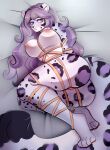 2024 4_toes anthro areola aurora_(snowrora) barely_visible_genitalia barely_visible_vulva bdsm bed big_breasts black_tail_tip blue_eyes blush bodily_fluids bondage bound breasts butt dipstick_tail feet felid female fluffy fluffy_tail furniture genital_fluids genitals hair hands_tied_behind_back hi_res high-angle_view iliaa legs_tied leopard_spots long_hair looking_at_viewer mammal markings nipples nude on_bed pantherine plantigrade purple_hair purple_spots restraints rope rope_bondage rope_harness snow_leopard solo spots tail tail_markings toes vaginal_fluids vulva