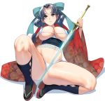  1girl bikini blue_eyes breasts cleavage erect_nipples fundoshi grey_hair hair_ribbon hair_tubes highres japanese_clothes large_breasts long_hair looking_at_viewer masao obi original ribbon sandals sash simple_background socks solo spread_legs swimsuit sword weapon white_background wide_sleeves 