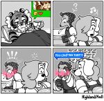 2025 4_panel_comic anthro apron barista bathtub bedding beverage big_cheeks black_ears black_text blanket blue_text_box blush blush_lines blushing_profusely bread bubble_bath canid canine canis circle_eyebrows clothing comic comic_panel container cup digital_drawing_(artwork) digital_media_(artwork) domestic_dog drinking_tea electronics emanata embarrassed emoji exclamation_point eyebrows facial_tuft felid female flirting flirting_look floppy_ears food food_tray green_text_box grey_wall group heart_symbol hi_res highlandkall holding_beverage holding_object holding_phone ill li_(highlandkall) loaf looking_at_food looking_at_object looking_at_phone looking_at_viewer looking_back mammal musical_note musical_symbol naomi_(highlandkall) notification pangolin pantherine partially_colored phone pillow pillow_case question_mark sending_nudes serving_tray side_part_hair slamming small_ears smug smug_face smug_grin snout speech_bubble stripes surprised symbol tea tea_bag text texting texting_ui tiger tray trio tuft under_covers white_text wide_eyed work_uniform