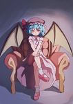  armchair bat_wings blue_hair blush chair convenient_leg crossed_legs fang full_body gradient gradient_background hat highres huan_yu looking_at_viewer mary_janes mob_cap puffy_sleeves red_eyes remilia_scarlet shirt shoes short_hair short_sleeves sitting skirt skirt_set slit_pupils smile socks solo touhou white_legwear wings 