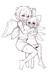  2girls alternate_costume barefoot blush bow breasts camisole cirno closed_eyes closed_mouth commentary daiyousei dress greyscale hair_bow highres hug ice ice_wings korean_commentary large_breasts medium_hair monochrome multiple_girls open_mouth pointy_ears rampa93 shorts sweat toes touhou wings 