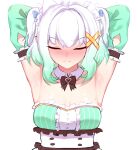  1girl armpit_focus armpits arms_behind_head arms_up blush bow bowtie cgator closed_eyes closed_mouth commentary densetsu.exe detached_collar detached_sleeves dress embarrassed english_commentary facing_viewer highres mint_fantome mint_fantome_(minto_2.0) multicolored_hair presenting_armpit short_twintails simple_background solo straight-on strapless strapless_dress streaked_hair twintails upper_body virtual_youtuber white_background white_hair 