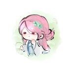  1girl bamboo_print blue_hanfu brown_eyes chibi chinese_clothes chinese_commentary circle closed_mouth commentary_request earrings endless_longing_(infinity_nikki) fengmi_youzi_hua flower green_flower hair_between_eyes hair_bun hair_flower hair_ornament hairpin hand_on_own_chin hanfu happy highres infinity_nikki jewelry light_blush light_particles long_hair long_hair_between_eyes long_sleeves looking_ahead nikki_(series) pink_hair robe single_hair_bun smile solid_oval_eyes solo straight_hair very_long_hair white_background white_robe wide_sleeves 