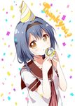  birthday black_hairband blue_hair braid brown_eyes collarbone confetti cup furutani_himawari hair_intakes hairband hat latte_art namori nanamori_school_uniform open_mouth party_hat school_uniform serafuku solo thank_you yuru_yuri 