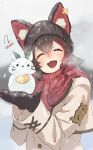  1girl alternate_costume animal_ears beanie bilingual_commentary black_gloves black_hair black_hat blush breath brown_jacket closed_eyes coat commentary_request english_commentary facing_viewer fang gloves hair_over_shoulder hat hat_with_ears highres holding_snowman hololive jacket long_hair long_sleeves mixed-language_commentary multicolored_hair ookami_mio open_mouth outdoors plaid_clothes plaid_scarf red_hair red_scarf scarf sidelocks signature skin_fang smile snow_sculpture snowing snowman solo streaked_hair torokko twitter_username upper_body virtual_youtuber wolf_ears wolf_girl 