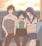  1girl 2boys ahoge alternate_costume antenna_hair backpack bag blunt_bangs book braid brown_hair cellphone closed_eyes collarbone collared_shirt commentary from_side genshin_impact green_eyes green_hair hair_between_eyes handbag holding holding_book holding_phone long_braid maroneeeeesan multicolored_hair multiple_boys open_mouth pants phone purple_hair raiden_shogun school_uniform shirt short_sleeves single_braid sitting skirt sleeping smartphone streaked_hair sunset train_interior upper_body venti_(genshin_impact) white_background wide-eyed zhongli_(genshin_impact) 