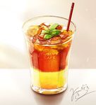  cup drink drinking_glass drinking_straw english fusui ice ice_cube iced_tea leaf liquid no_humans original signature water_drop 