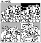 2024 4_panel_comic anthro beverage_drinking black_stripes black_text brain_freeze character_request cheek_tuft closed_smile cold_drink comic comic_panel container cross-popping_vein cup dialogue digital_drawing_(artwork) digital_media_(artwork) drinking_straw duo english_text eyewear facial_markings facial_tuft felid female glasses grabbing_another hair hand_on_head head_markings hi_res highlandkall impact_lines inner_ear_fluff interrupted_speech long_hair looking_at_another looking_at_cup mammal markings monochrome mouth_closed naomi_(highlandkall) one_eye_closed open_mouth pain pained_expression pantherine question_mark simple_background slushie small_ears smile striped_arms striped_face stripes talking_to_another text tiger tuft wearing_glasses white_background white_body white_face white_fingers white_hair white_hands white_inner_ear white_inner_ear_fluff white_speech_bubble wince worried worried_look yelling yelling_at_another