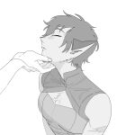  2girls adora_(she-ra) animal_ears cat_ears cat_girl catra cleavage_cutout closed_eyes clothing_cutout furry furry_female gaugau7696 greyscale hand_on_another's_chin highres long_sleeves monochrome multiple_girls she-ra_and_the_princesses_of_power short_hair sleeveless very_short_hair 