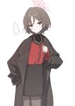 ... 1girl absurdres alternate_costume black_skirt blue_archive brown_coat brown_eyes brown_hair casual coat commentary_request cowboy_shot halo hand_in_pocket hand_up highres jewelry long_sleeves misaki_(blue_archive) necklace red_halo red_shirt shirt short_hair skirt small_sweatdrop solo speech_bubble spoken_ellipsis tachibana_(tachibanablac) undershirt white_background 