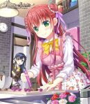  2girls battle_spirits black_pantyhose blazer blue_hair bow brown_jacket chocolate clock closed_mouth commentary_request cooking copyright_logo copyright_name diana_fleur double_bun flower fujima_takuya green_eyes hair_bun hair_ribbon holding indoors jacket kitchen logo long_hair mixing_bowl multiple_girls noa_fleur official_art open_mouth pantyhose pink_flower pink_ribbon red_flower red_hair ribbon school_uniform shirt skirt wall_clock whisk white_flower white_shirt white_skirt yellow_bow 