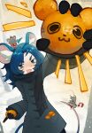  1girl absurdres animal_ears arm_up artist_name black_coat black_gloves black_scarf blue_eyes blue_hair coat commentary english_commentary fang food fruit gloves highres holding holding_food holding_fruit long_sleeves looking_at_viewer mandarin_orange mouse_(animal) mouse_ears mouse_girl mouse_tail open_mouth original parasoru_buruu scarf short_hair skin_fang smile snow snowing solo tail tree 