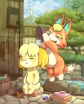 2026 3_fingers 3_toes animal_crossing anthro audie_(animal_crossing) bath bathing bathing_together biped black_eyebrows black_nose blonde_hair blush blush_stickers breasts canid canine canis cheek_tuft cloud day detailed_background digital_media_(artwork) domestic_dog duo eyebrows eyelashes eyes_closed eyeshadow facial_tuft fangs featureless_breasts feet female female_anthro fingers fur glistening glistening_body glistening_eyes gloves_(marking) green_eyes green_inner_ear hair half-closed_eyes hand_on_leg hand_on_own_leg hand_on_own_thigh hand_on_thigh hi_res holding_object isabelle_(animal_crossing) leg_markings lkiws long_eyelashes looking_at_another makeup mammal markings mouth_closed multicolored_body multicolored_fur multicolored_tail narrowed_eyes navel nintendo nude nude_anthro nude_female open_mouth orange_body orange_fur orange_tail pink_nose plant pointy_ears prick_ears rubber_duck shih_tzu sitting sky soap socks_(marking) tail teeth thin_eyebrows toes toy_dog tree tuft two_tone_body two_tone_fur water wet wet_body wet_fur white_body white_fur white_tail wolf yellow_body yellow_eyeshadow yellow_fur yellow_tail