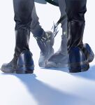 2boys absurdres ardashir_(arknights) arknights arknights:_endfield black_boots black_pants black_shoes boots close-up commentary_request endministrator_(arknights) footwear_focus heel_up highres male_endministrator_(arknights) male_focus multicolored_boots multicolored_shoes multiple_boys pants shadow shoes simple_background sneakers two-tone_boots two-tone_shoes white_background xiee_bi_da_mowang zipper_footwear 