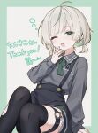  1girl absurdres ahoge black_skirt black_thighhighs border collared_shirt commentary commission cowboy_shot ear_piercing fang green_border green_eyes green_streaks grey_shirt hand_up highres long_sleeves looking_at_viewer multicolored_hair namin_(namin_star) o-ring o-ring_thigh_strap one_eye_closed open_mouth original outside_border parted_bangs piercing shirt short_hair sitting skeb_commission skirt solo squeans streaked_hair suspender_skirt suspenders swept_bangs thank_you thigh_strap thighhighs torn_clothes torn_thighhighs yawning 