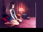  barefoot black_hair book controller copyright_request flat_chest game_controller gamepad highres lamp legs long_legs necktie ooyari_ashito pillow playing_games short_hair solo thighs video_game wallpaper wire 