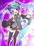  :d amane_kurumi bad_id bad_pixiv_id blue_eyes blue_hair detached_sleeves hatsune_miku highres legs long_hair necktie open_mouth skirt smile solo sparkle thighhighs twintails very_long_hair vocaloid 