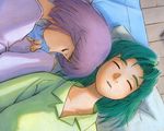  ashinano_hitoshi futon green_hair hatsuseno_alpha multiple_girls pajamas purple_hair sleeping takatsu_kokone wallpaper yokohama_kaidashi_kikou 