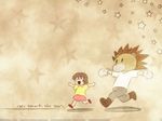  1girl :d ^_^ ^o^ ankle_boots artist_request beige_background blush boots brown_footwear closed_eyes creature full_body futatsu_no_spica kamogawa_asumi lion_(futatsu_no_spica) open_mouth pants pink_skirt running shirt shoes simple_background skirt smile wallpaper white_shirt yellow_shirt 