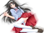  artist_request ass black_hair blue_eyes bow brown_hair hairband loafers long_hair long_skirt long_sleeves looking_at_viewer lying neck_ribbon red_skirt ribbon school_uniform shirt shoes skirt solo thighhighs toono_akiha tsukihime upskirt very_long_hair white_hairband zettai_ryouiki 