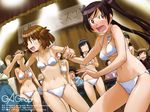  6+girls afro bikini black_hair blush breasts brown_hair contest contest_button faceless faceless_female faceless_male gagraphic glasses hair_ornament hairclip hand_on_own_cheek hand_on_own_chest medium_breasts microphone multiple_boys multiple_girls naruko_hanaharu navel no_eyes opaque_glasses open_mouth string_bikini sweat swimsuit twintails two_side_up wallpaper wavy_mouth white_bikini 