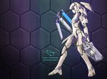 android aqua_eyes artist_request copyright_name flat_chest gun high_heels highres honeycomb_(pattern) honeycomb_background no_pupils phantasy_star phantasy_star_online purple_background racaseal robot_joints shoes solo standing text_focus twintails wallpaper weapon 