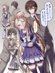  1boy 1girl ahoge animal_ears blue_eyes blush bow bowtie breasts brown_eyes brown_hair closed_mouth collarbone collared_shirt commentary_request ear_covers grey_jacket grey_pants grey_suit highres horse_ears horse_girl horse_tail jacket long_hair long_sleeves multicolored_hair multiple_views necktie orange_hair orfevre_(umamusume) pants pleated_skirt purple_sailor_collar purple_serafuku purple_shirt purple_skirt purple_thighhighs red_necktie sailor_collar sailor_shirt school_uniform serafuku shirt single_ear_cover skirt smile speech_bubble suit tail thighhighs tracen_school_uniform trainer_(umamusume) translation_request two-tone_hair umamusume white_bow white_bowtie white_hair white_shirt yue_(lov_n_n) 
