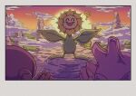  3others ? absurdres closed_eyes cloud flower highres hitmonlee leaf multiple_others onamuzi_illust open_mouth outdoors own_hands_clasped own_hands_together plant pokemon pokemon_(creature) pokemon_focus sky smile sun sunflora sunflower sweatdrop tyrogue 