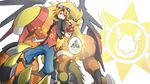  apollomon armband armor black_jacket blonde_hair blue_eyes blue_shorts claws digimon digimon_story:_sunburst_and_moonlight digitama digivice digivice_ic dk_(13855103534) goggles goggles_on_head highres jacket koh_(digimon) light_fang_(digimon) lion long_hair male_focus mane monster multiple_boys pants red_eyes red_hair red_shirt shirt short_hair shorts shoulder_armor simple_background smile very_long_hair white_background zero_unit 