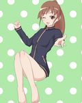  ;d bad_id bad_pixiv_id bare_legs barefoot blush bottomless brown_hair clenched_hand convenient_leg green_background holding invisible_chair jacket long_hair looking_at_viewer mahjong mahjong_tile naked_track_jacket one_eye_closed open_mouth pointing pointing_at_viewer polka_dot polka_dot_background red_eyes saki saki_achiga-hen sitting smile solo takakamo_shizuno track_jacket yokotama 