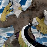  armpits avian bird cloud feathers hawk muscular pepsiman pose red_eyes solo weapon 